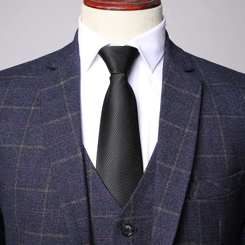 Men's Navy Windowpane Three-Piece Wool Suit