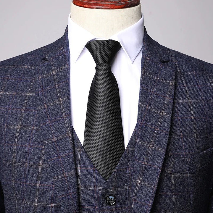 Men's Navy Windowpane Three-Piece Wool Suit