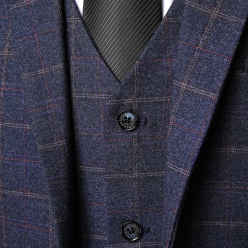 Men's Navy Windowpane Three-Piece Wool Suit