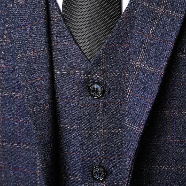 Men's Navy Windowpane Three-Piece Wool Suit