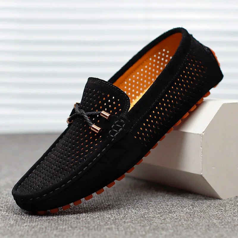 Men's Perforated Suede Slip-On Driving Loafers - Schwarz