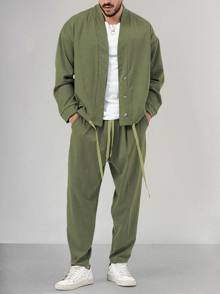 Men's Relaxed-Fit Button-Front Two-Piece Set - Green
