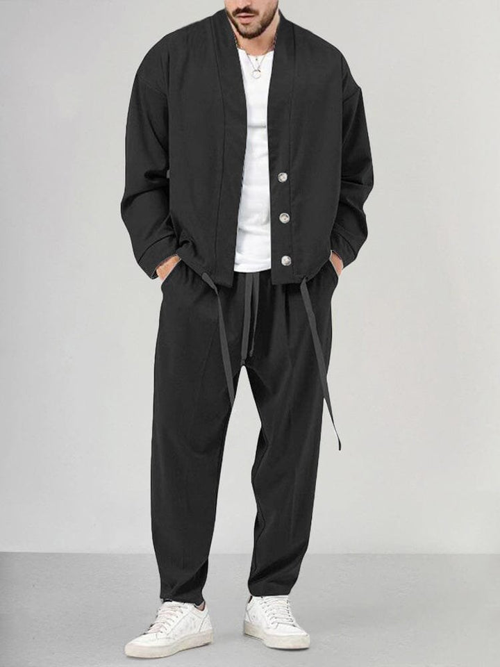 Men's Relaxed-Fit Button-Front Two-Piece Set - Black