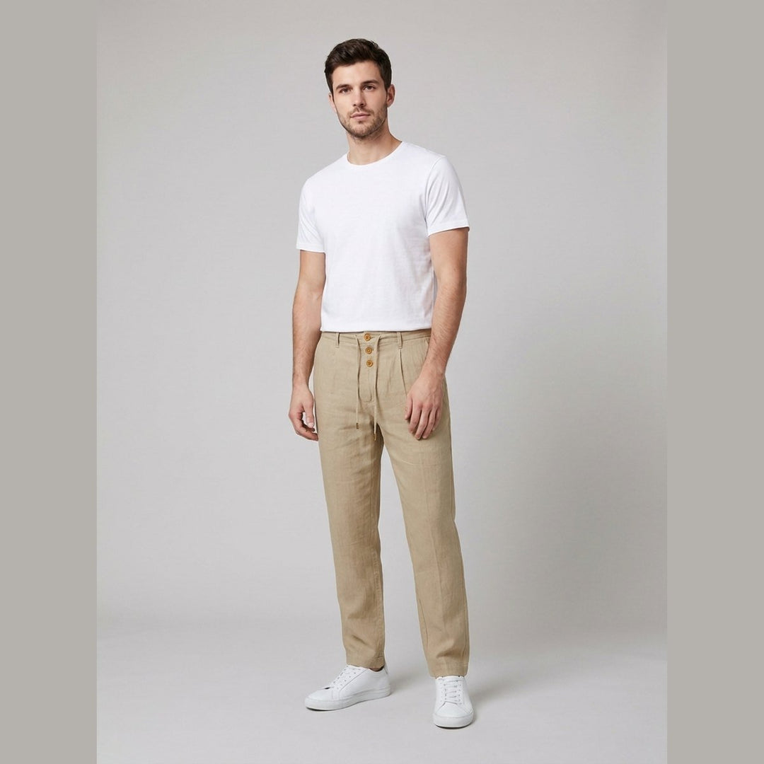 Men's Relaxed-Fit Drawstring Linen Straight-Leg Pants - Khaki