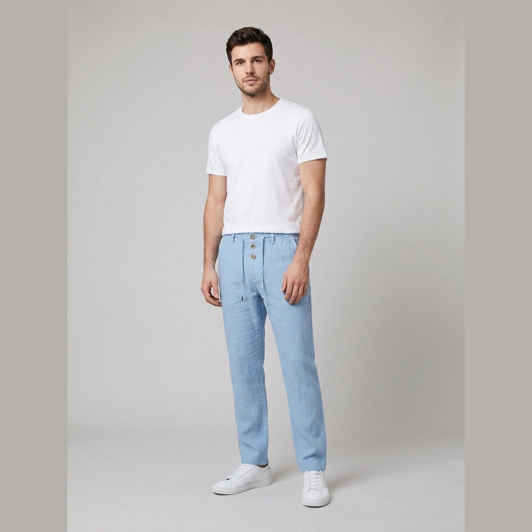 Men's Relaxed-Fit Drawstring Linen Straight-Leg Pants - Light Blue