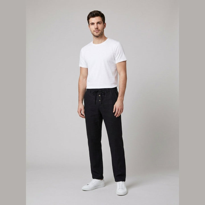 Men's Relaxed-Fit Drawstring Linen Straight-Leg Pants - Black