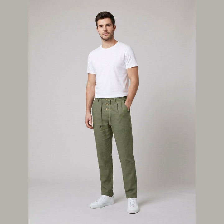 Men's Relaxed-Fit Drawstring Linen Straight-Leg Pants - Army Green