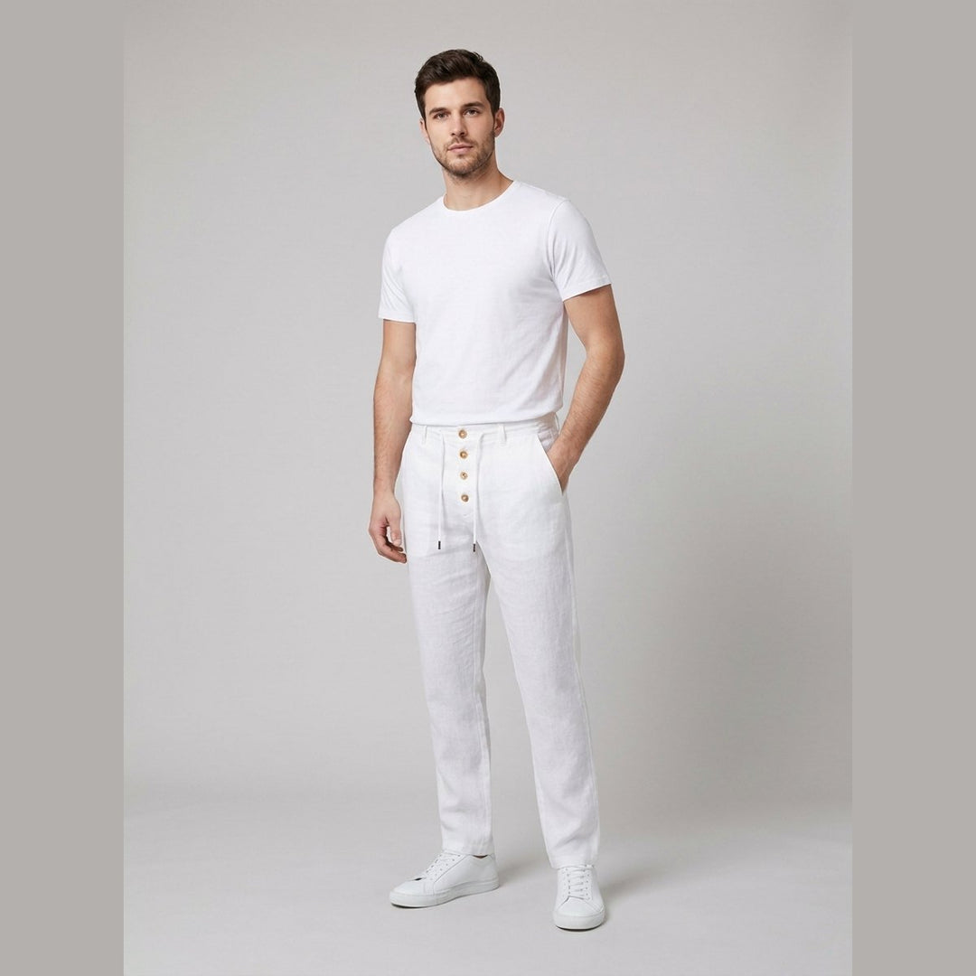 Men's Relaxed-Fit Drawstring Linen Straight-Leg Pants - White
