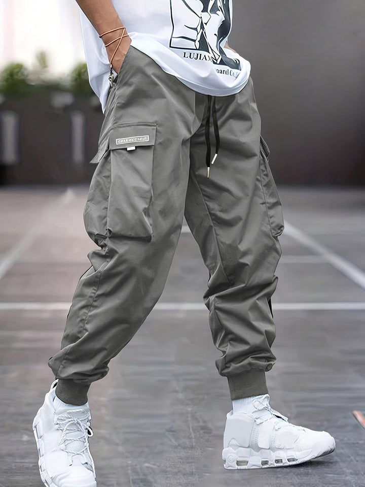 Men's Relaxed-Fit Drawstring Ribbed-Cuff Cargo Jogger Pants - Gray