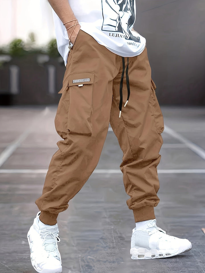 Men's Relaxed-Fit Drawstring Ribbed-Cuff Cargo Jogger Pants - Khaki