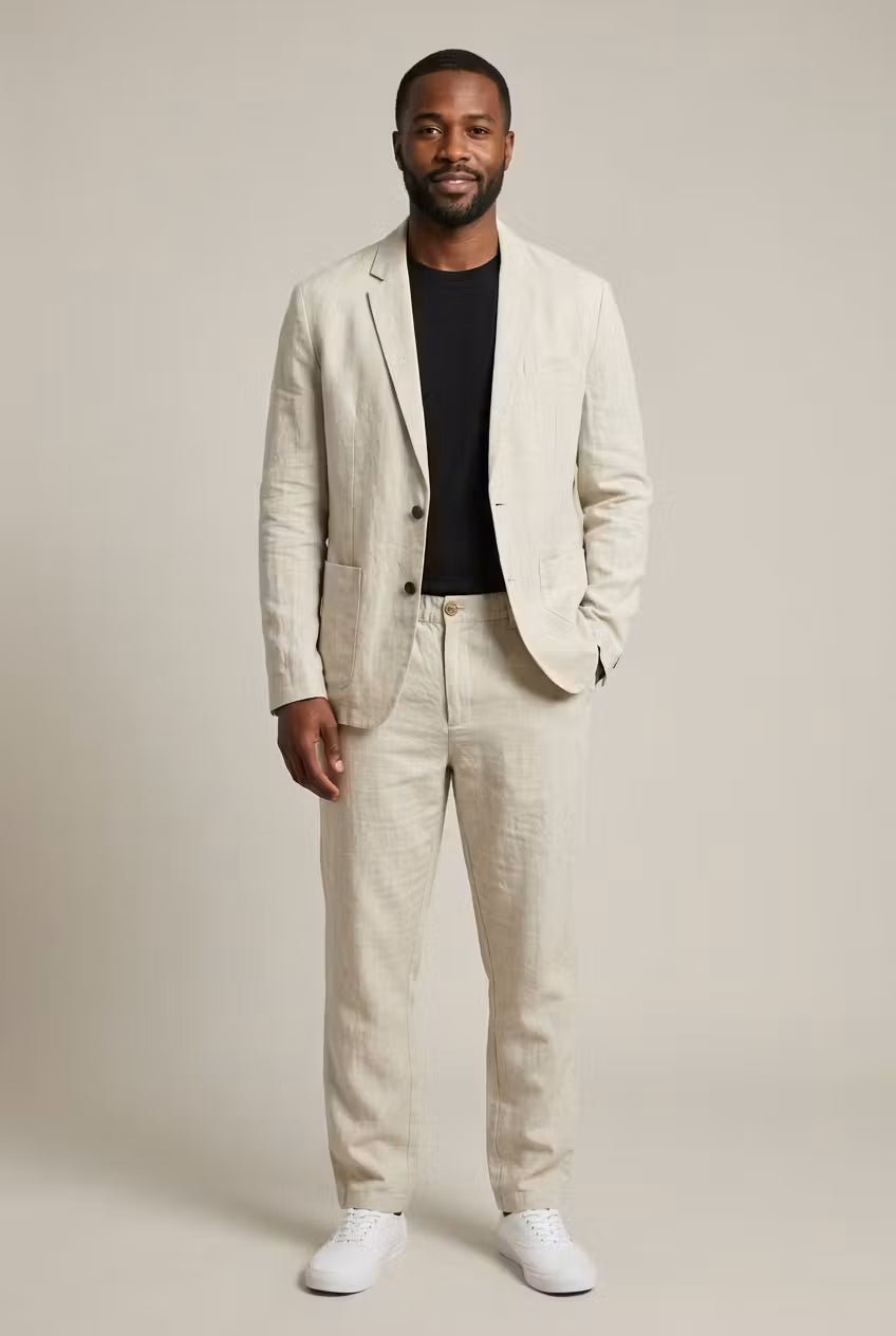 Men's Relaxed-Fit Linen Blazer Pants Set - Apricot