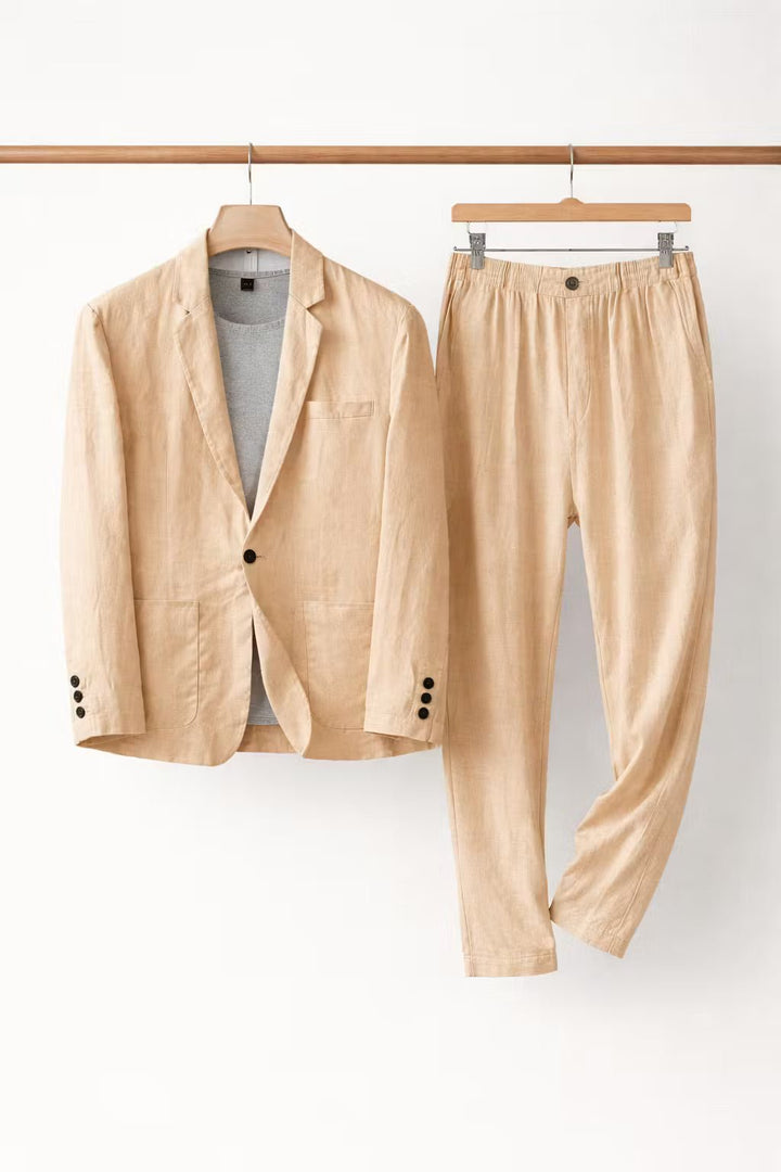 Men's Relaxed-Fit Linen Blazer Pants Set - Khaki