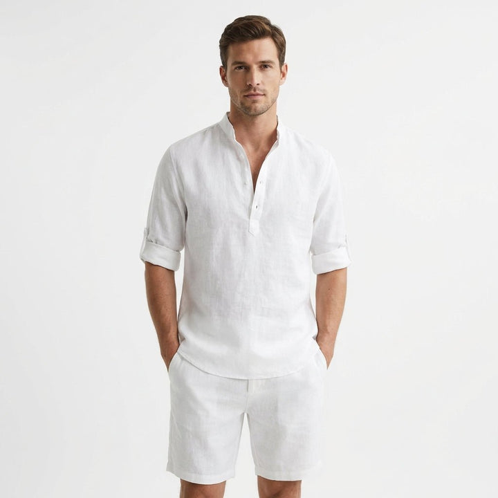 Men's Relaxed-Fit Linen Henley Shirt Mandarin Collar - Blanco