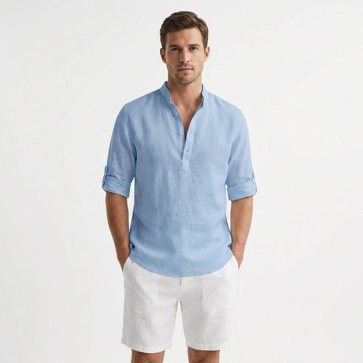 Men's Relaxed-Fit Linen Henley Shirt Mandarin Collar - Azul Claro