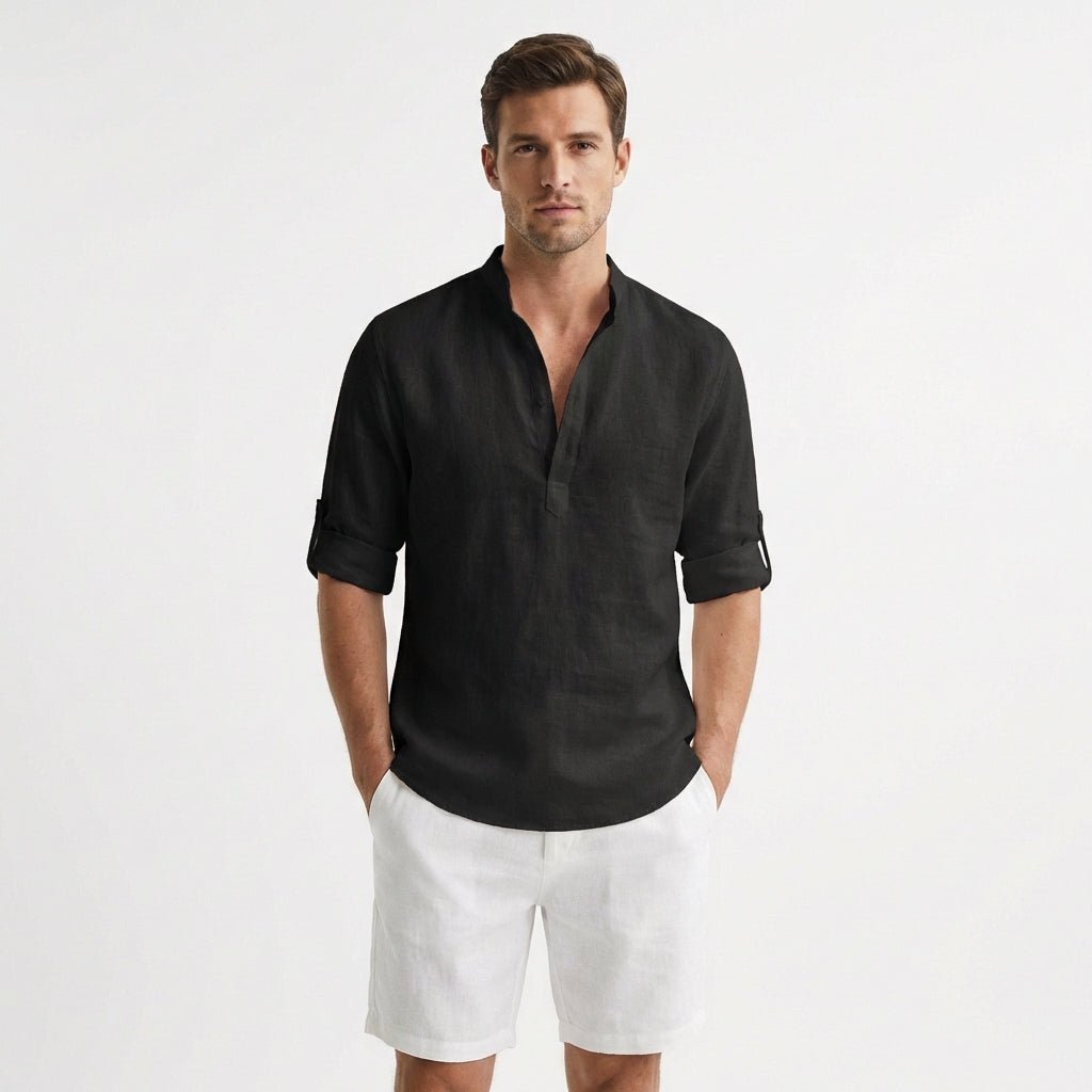 Men's Relaxed-Fit Linen Henley Shirt Mandarin Collar - Negro