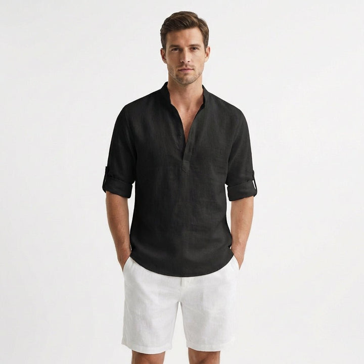 Men's Relaxed-Fit Linen Henley Shirt Mandarin Collar - Negro