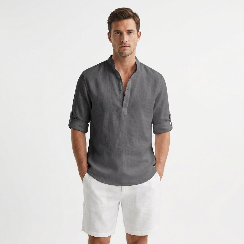 Men's Relaxed-Fit Linen Henley Shirt Mandarin Collar - Gris
