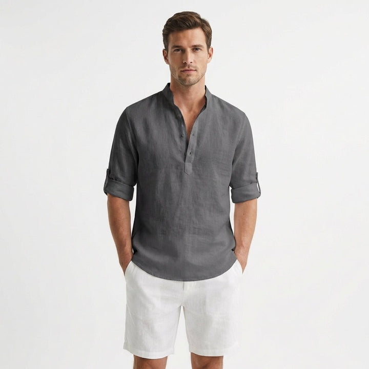 Men's Relaxed-Fit Linen Henley Shirt Mandarin Collar - Gris