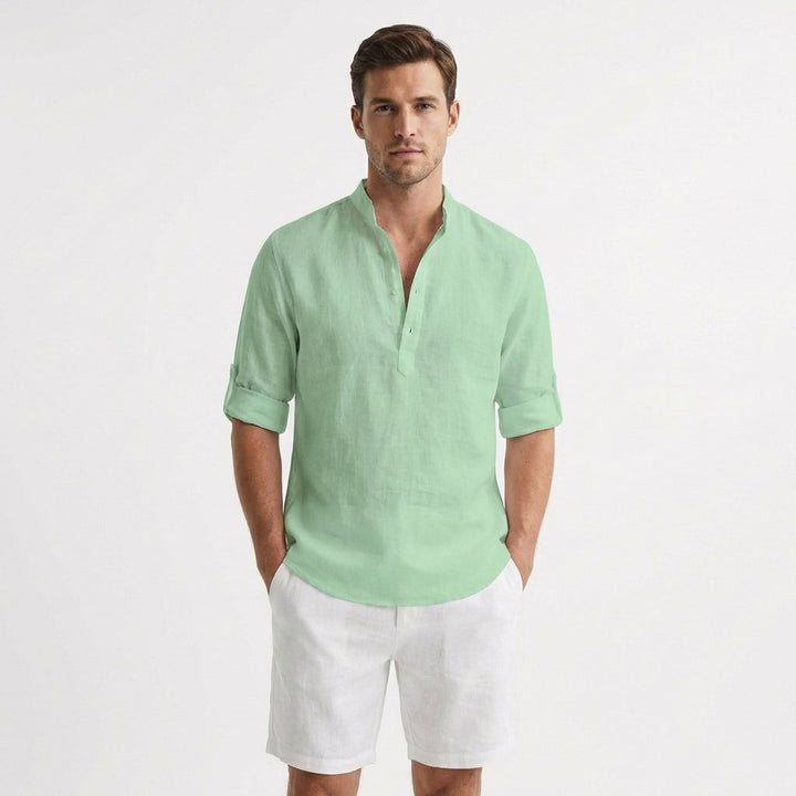 Men's Relaxed-Fit Linen Henley Shirt Mandarin Collar - Verde menta