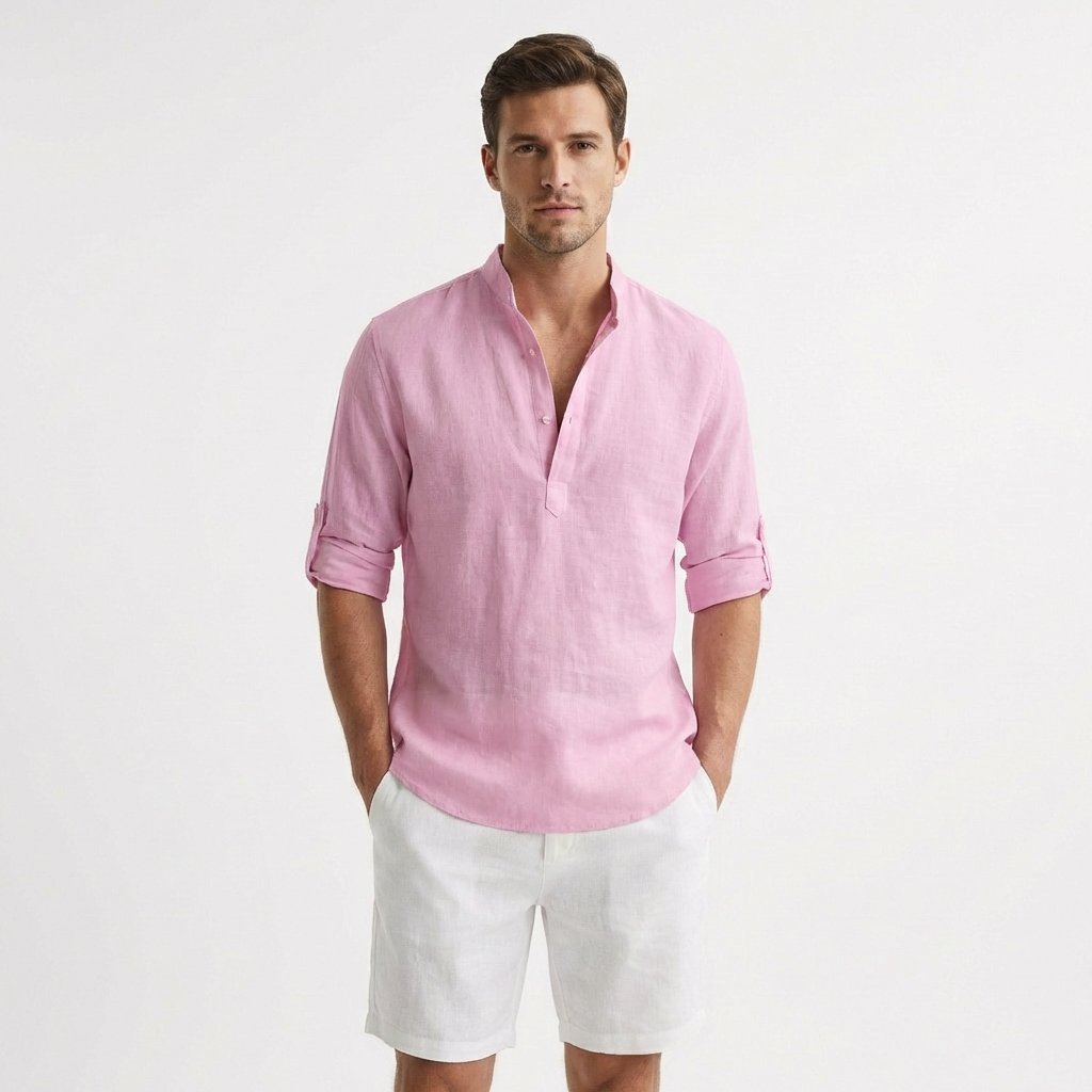 Men's Relaxed-Fit Linen Henley Shirt Mandarin Collar - Rosa