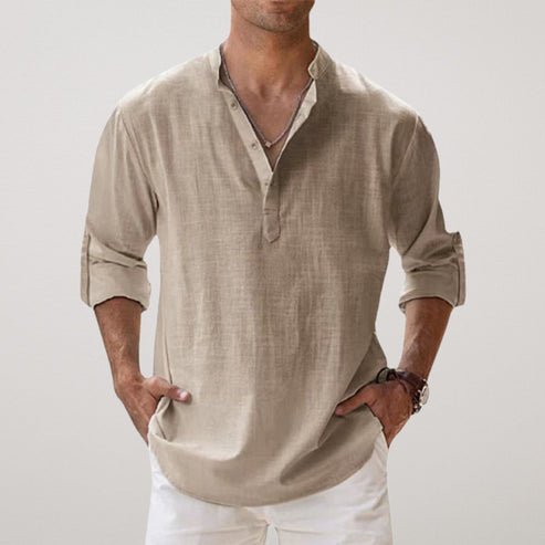 Men's Relaxed-Fit Linen Long-Sleeve Henley Shirt - Khaki