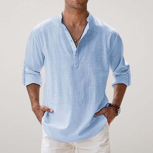 Men's Relaxed-Fit Linen Long-Sleeve Henley Shirt - Light Blue