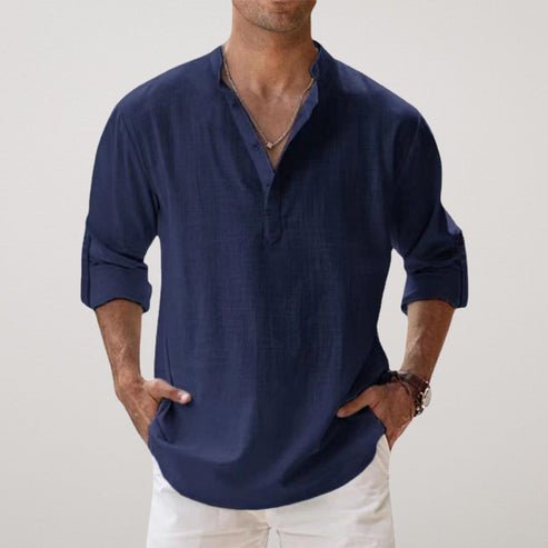 Men's Relaxed-Fit Linen Long-Sleeve Henley Shirt - Navy