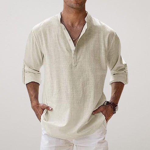 Men's Relaxed-Fit Linen Long-Sleeve Henley Shirt - Beige