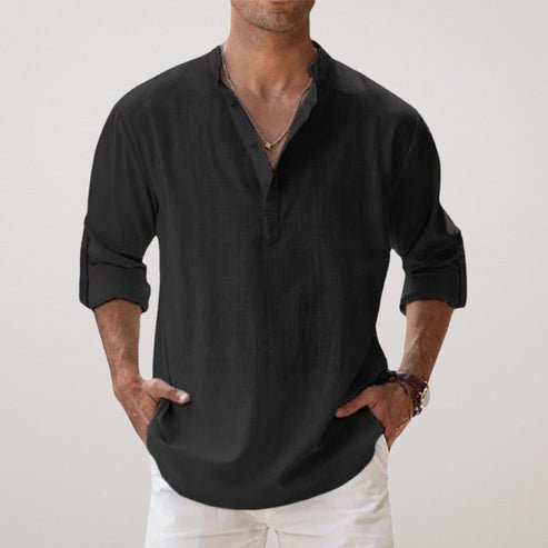 Men's Relaxed-Fit Linen Long-Sleeve Henley Shirt - Black
