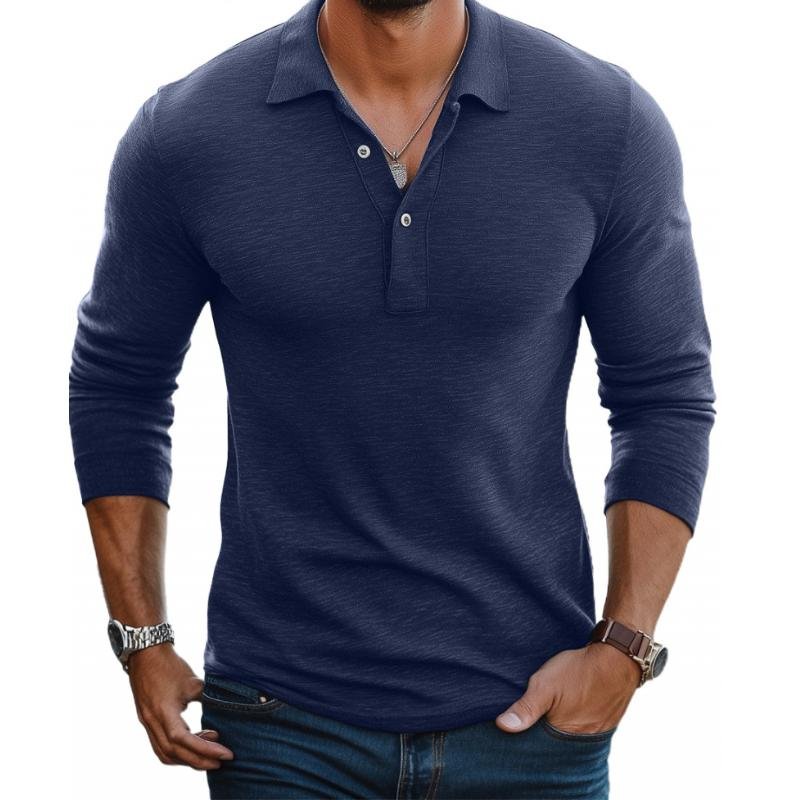 Men's Satin-Finish Slim-Fit Long-Sleeve Polo Shirt - Navy Blue