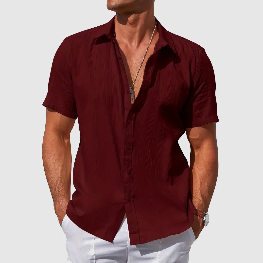 Men's Short Sleeve Button-Front Linen Shirt - Dark Red