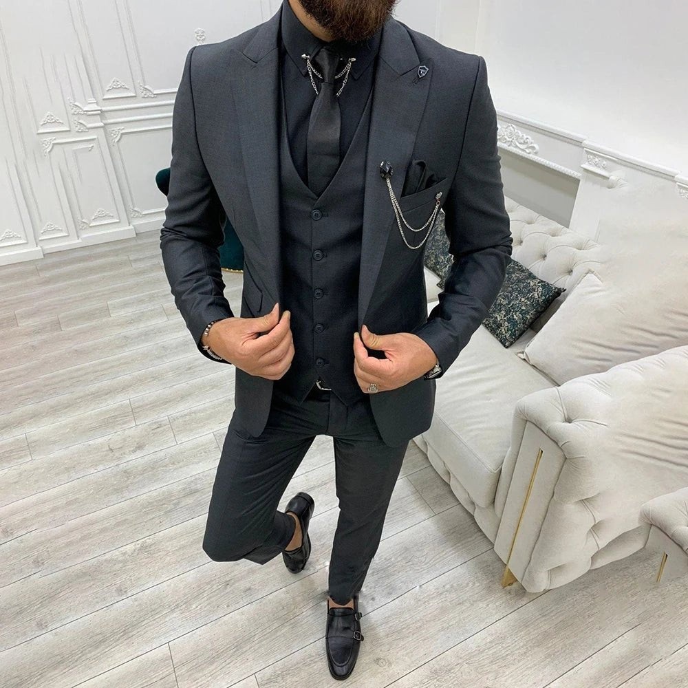 Men's Single-Breasted Three-Piece Notch-Lapel Suit Set - Black