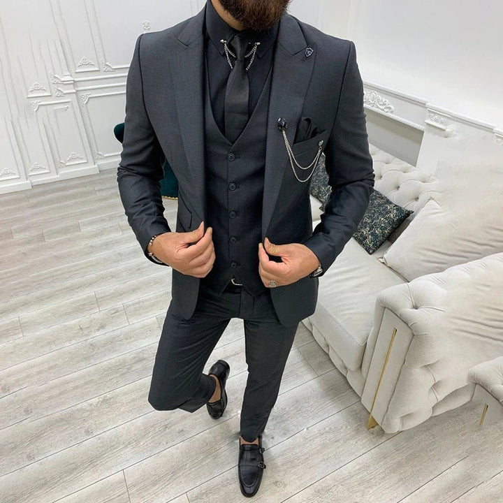 Men's Single-Breasted Three-Piece Notch-Lapel Suit Set - Black