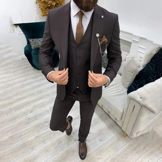 Men's Single-Breasted Three-Piece Notch-Lapel Suit Set - Brown
