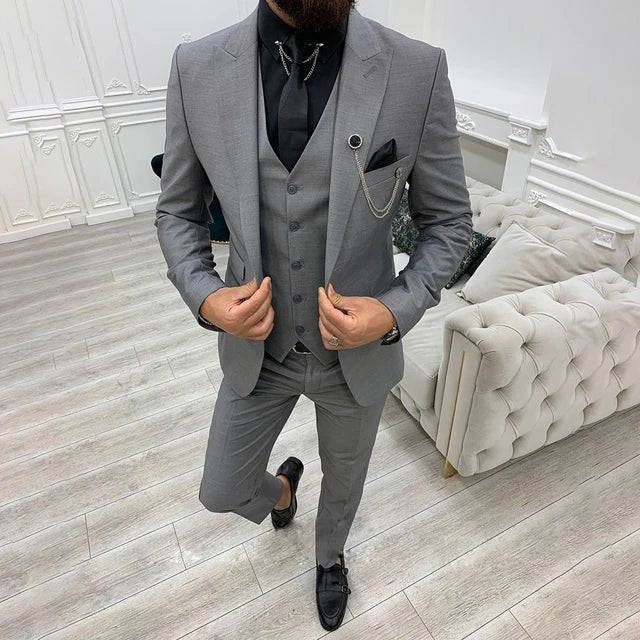 Men's Single-Breasted Three-Piece Notch-Lapel Suit Set - Gray
