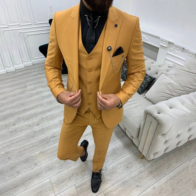 Men's Single-Breasted Three-Piece Notch-Lapel Suit Set - Yellow