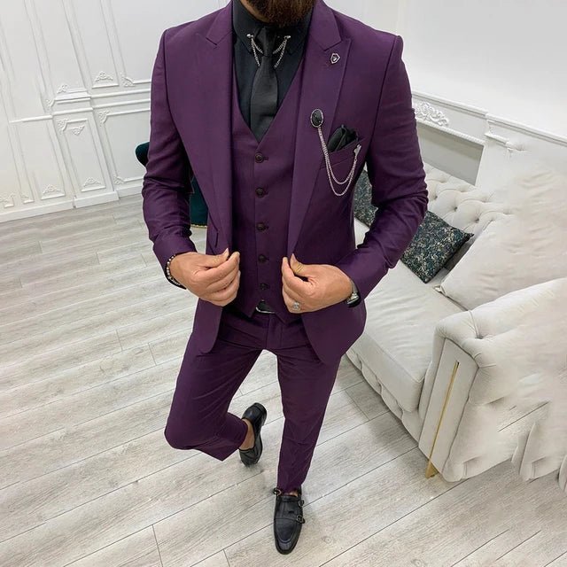 Men's Single-Breasted Three-Piece Notch-Lapel Suit Set - Purple