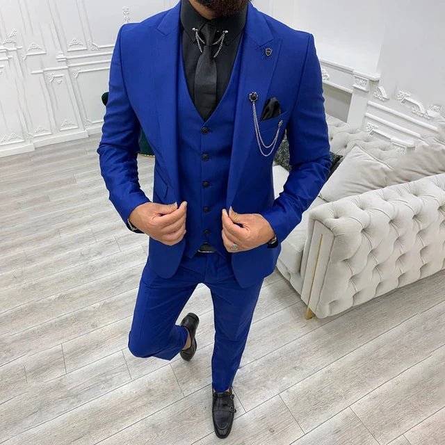 Men's Single-Breasted Three-Piece Notch-Lapel Suit Set - Blue