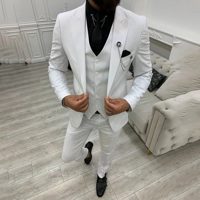 Men's Single-Breasted Three-Piece Notch-Lapel Suit Set - White