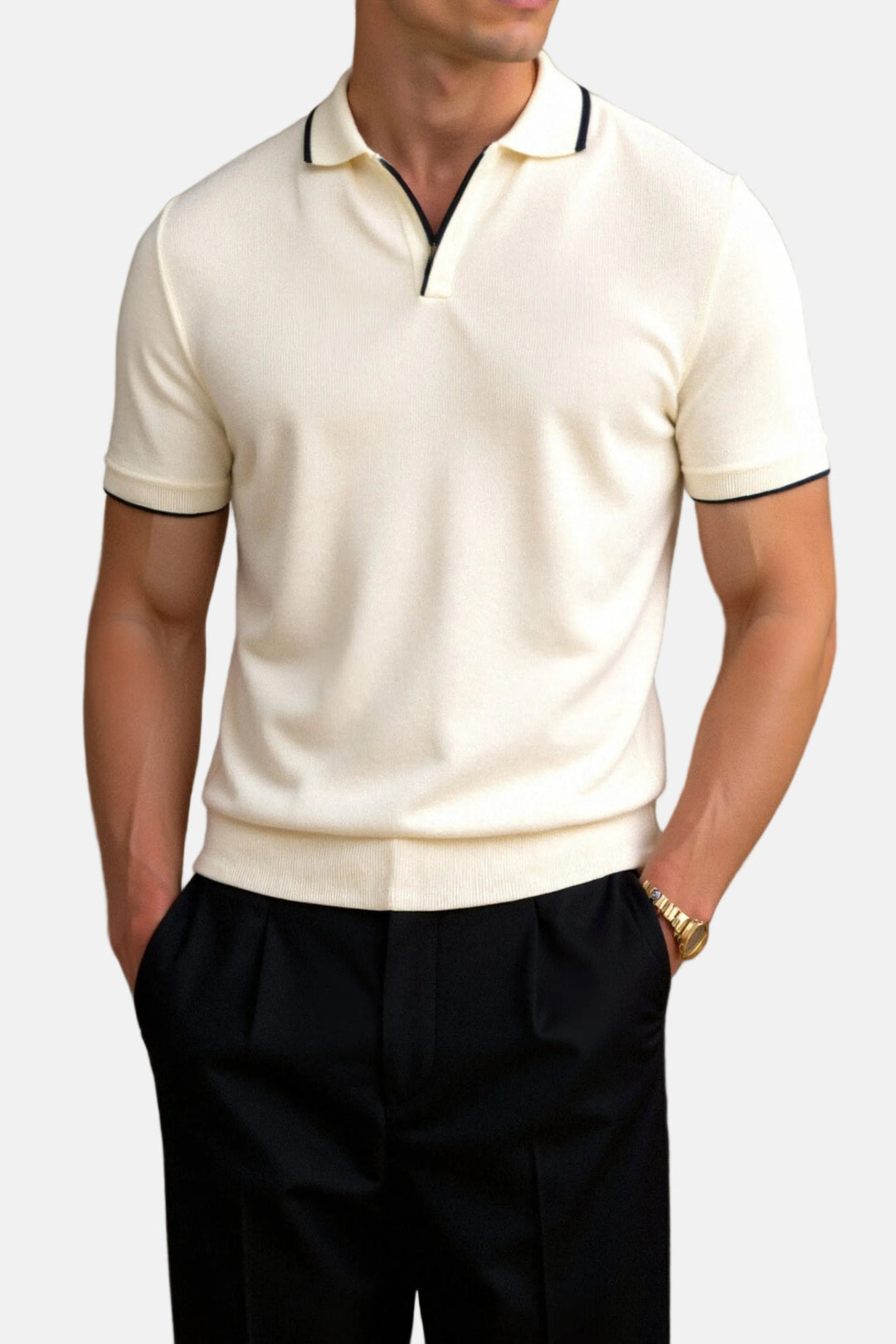 Men's Slim Fit Knit Cotton Open-Collar Tipped Polo Shirt - Beige