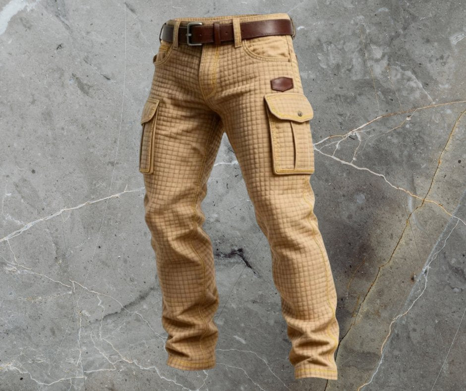 Men's Slim-Fit Textured Cargo Pants with Side Pockets - Beige