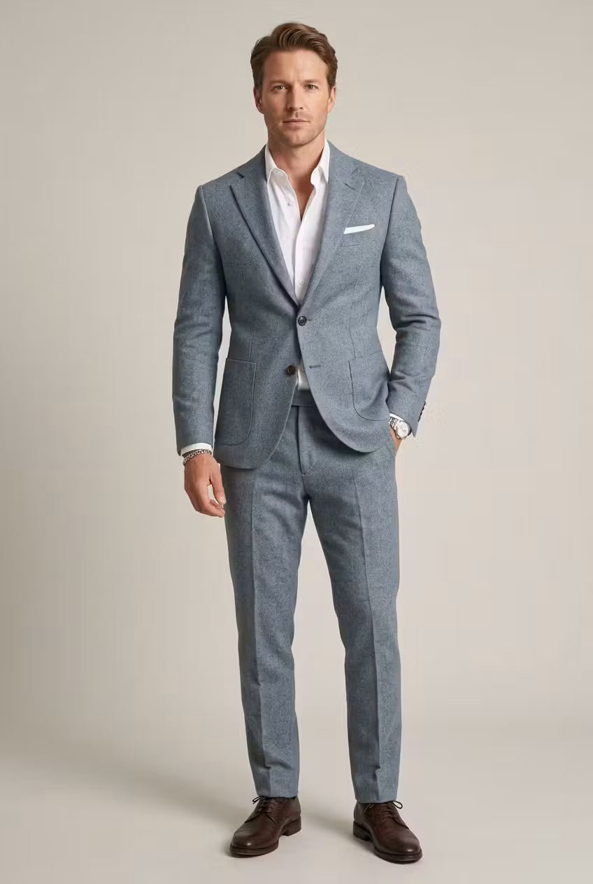 Men's Slim-Fit Two-Piece Set Professional Suit - Light Blue