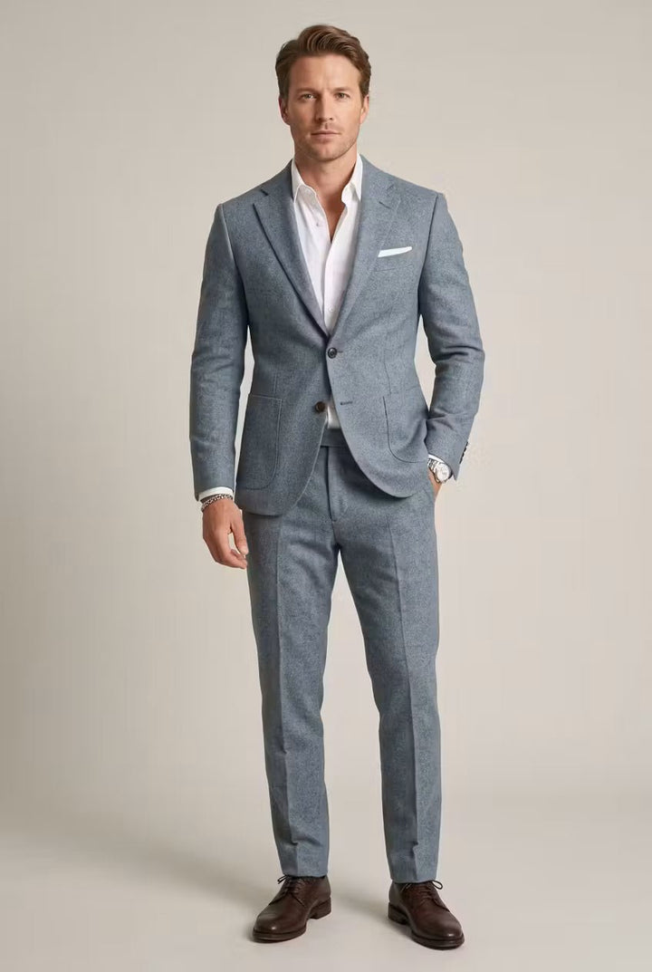 Men's Slim-Fit Two-Piece Set Professional Suit - Light Blue