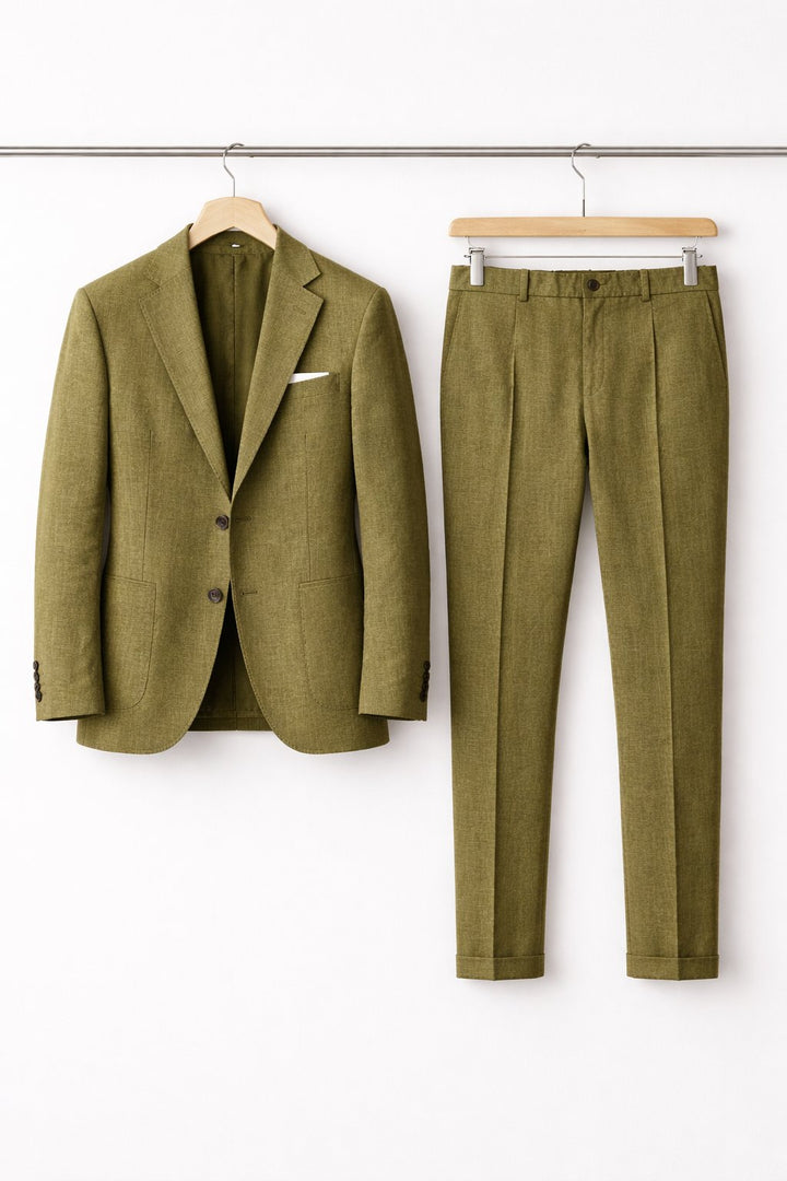 Men's Slim-Fit Two-Piece Set Professional Suit - Olive Green