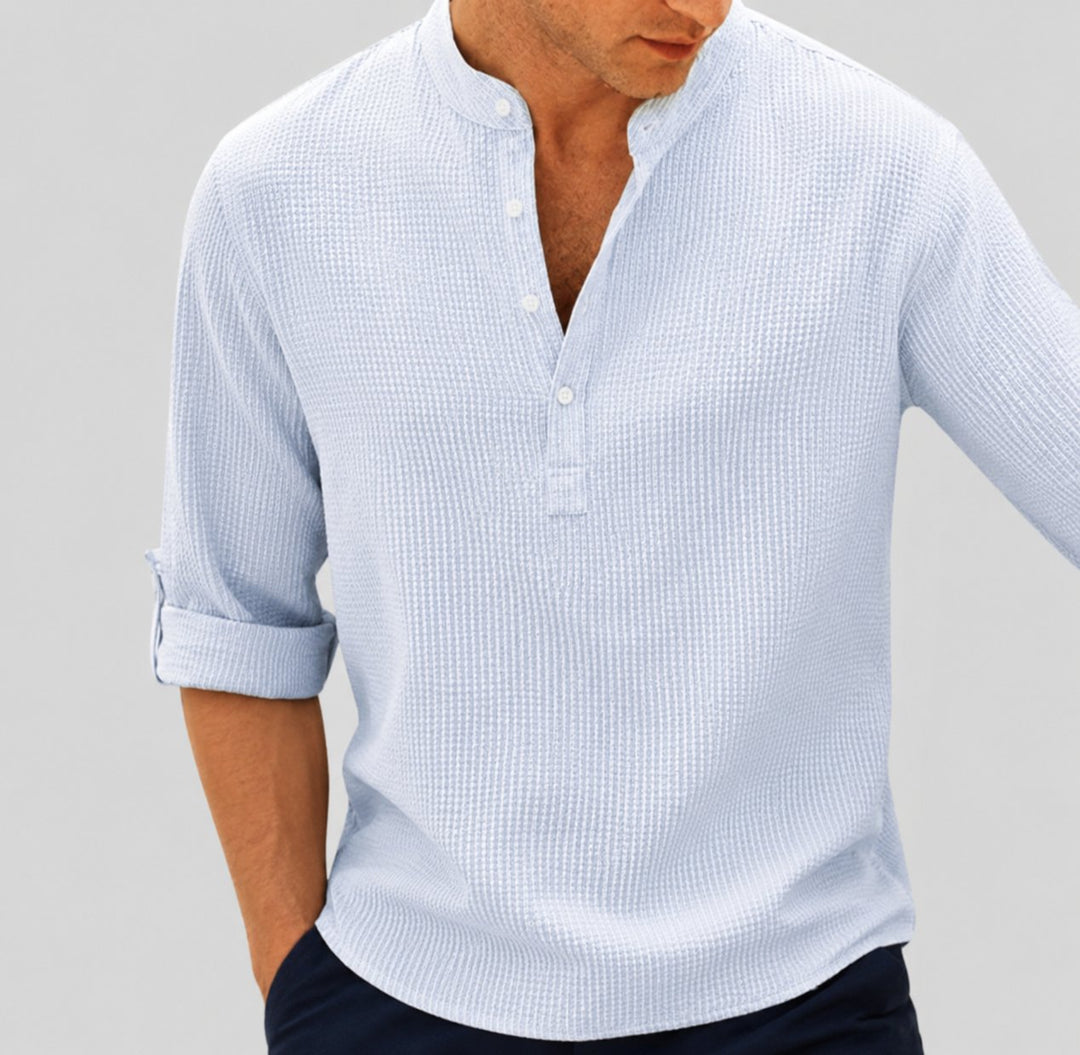 Men's Striped Band Collar Long Sleeve Linen Henley Shirt - Blau