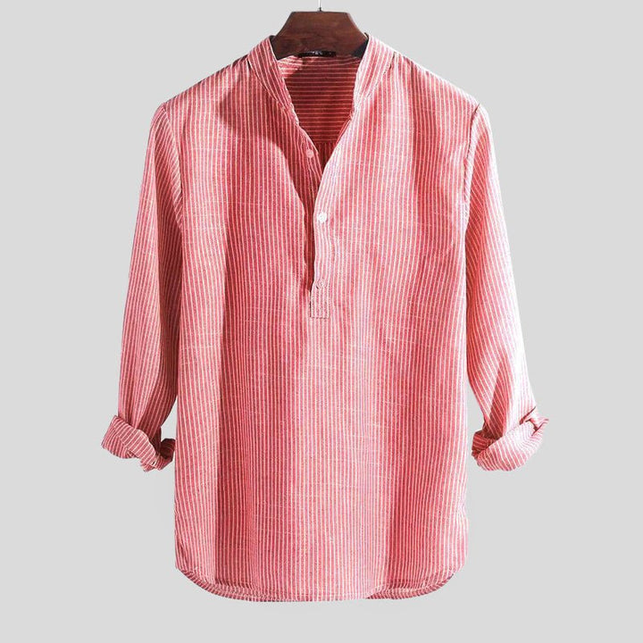 Men's Striped Band Collar Long Sleeve Linen Henley Shirt - Rot