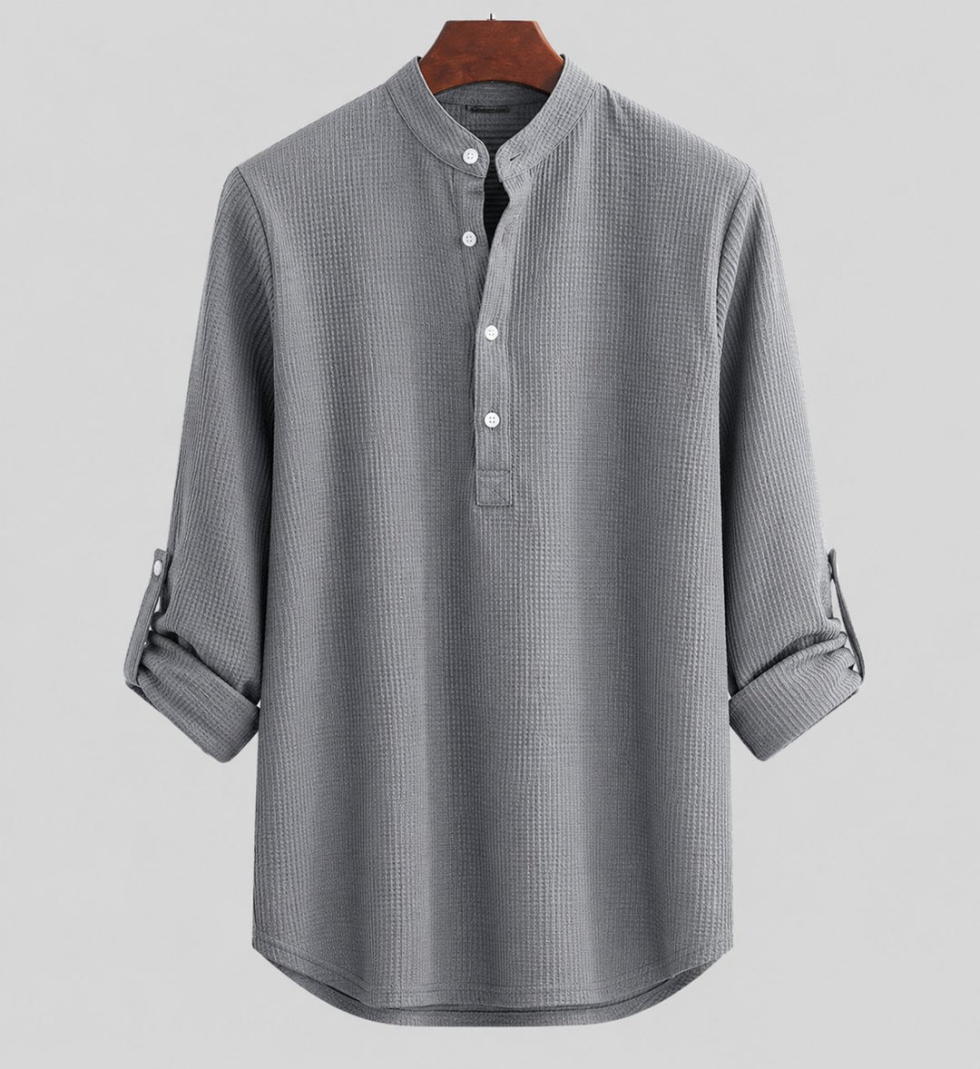 Men's Striped Band Collar Long Sleeve Linen Henley Shirt - Schwarz
