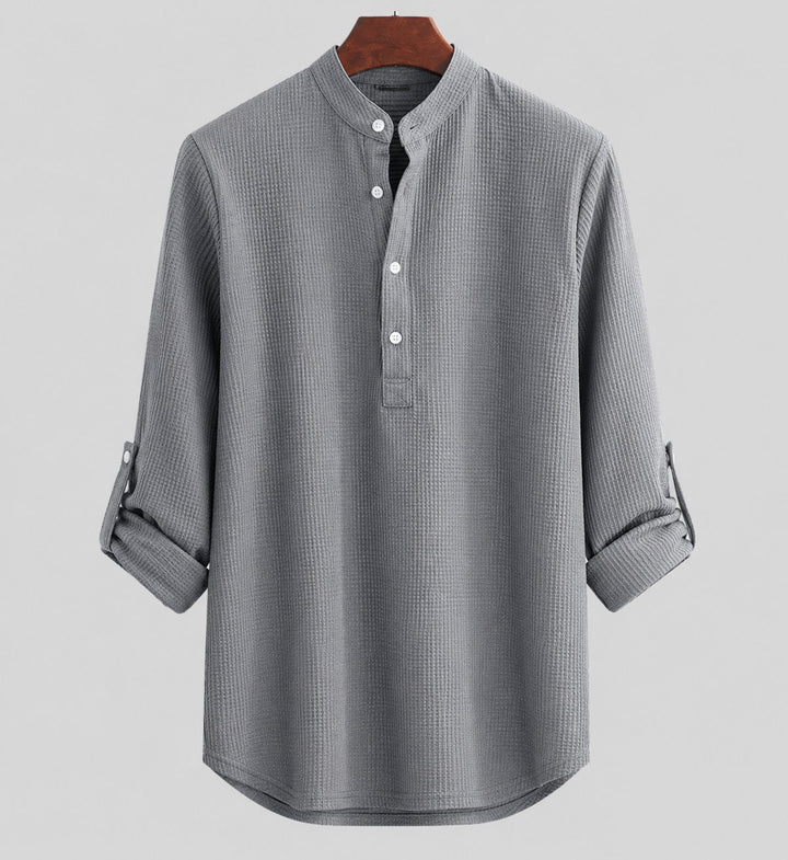 Men's Striped Band Collar Long Sleeve Linen Henley Shirt - Schwarz