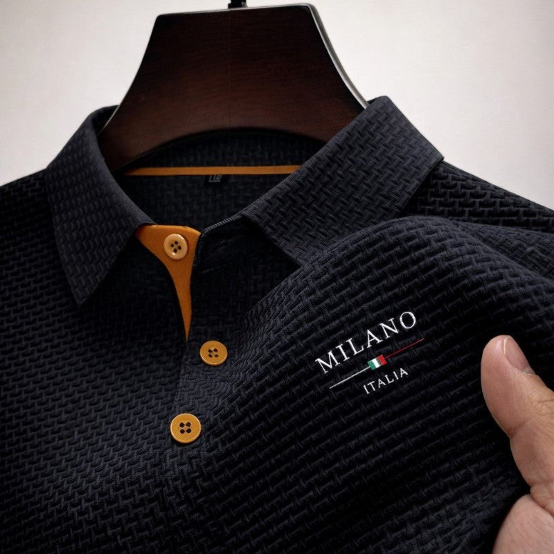 Men's Textured Button-Placket Polo Shirt - Black