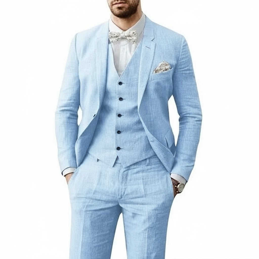 Men's Three-Piece Linen Wedding Suit - Hellblau